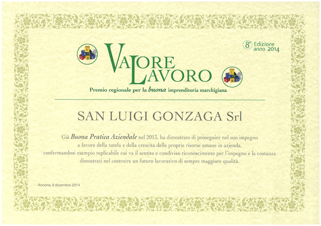 Attestato premio Valore Lavoro assegnato dalla Regione Marche